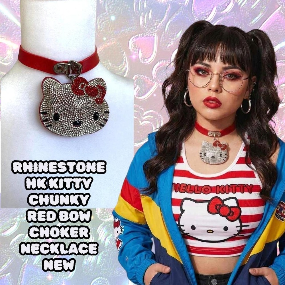 Y2K CHUNKY REDโ BOW HK RHINESTONE CHOKER NECKLACE NEW